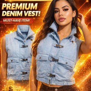 Le Tigre Women's Medium Denim Vest Zip & Buckle Pockets Y2K Vintage Street Style